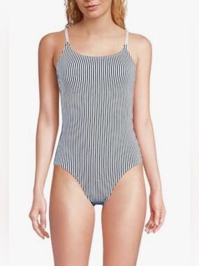 NWT Lands End Navy & White Striped One-Piece Swimsuit - Sz 10